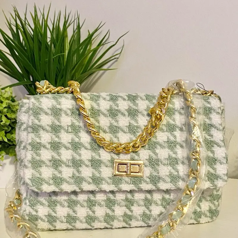 Women's Top Handle Bag in Elegant Quilted Houndstooth Tweed with Gold Chain Shoulder Strap and Turn-Lock Closure, Quilted Texture, Any Outfit, Shoulder Clutch