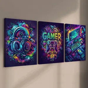 3 count wooden frame canvas, Neon game console poster, esports room Decoration, Stylish Room Bedroom poster, Modern Art Home Decoration, Living Room and corridor wall Decoration, HD, waterproof, Art