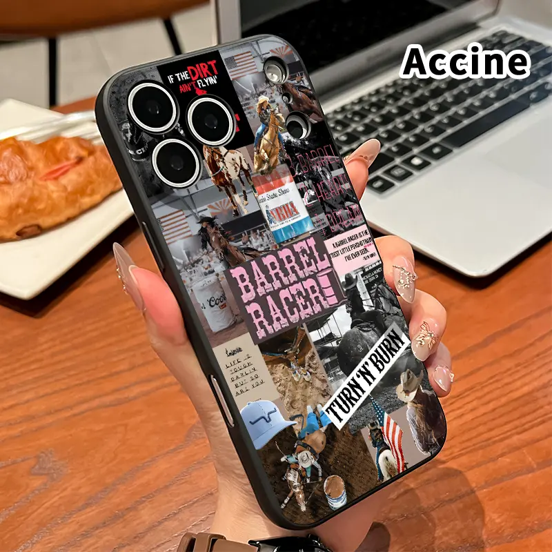 Straight Edge Phone Case for iPhone 17 16 Pro Max 15 Plus 14 13 12 11 Air XS XR E Barrel Racing Passion Pattern Drop Protection Shockproof Soft Silicone smartphone Cover