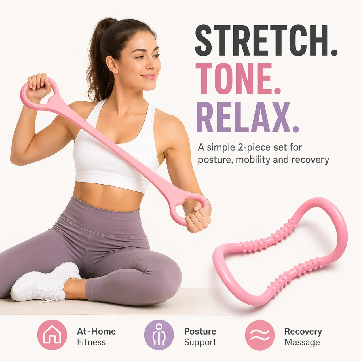 Women's 2-Piece TPE Figure 8 Resistance Band & Spiky Massage Ring Set - Shoulder Opener, Back Stretch Trainer for Yoga/Pilates Home Workout & Recovery, Elastic Full Body Mobility Tool