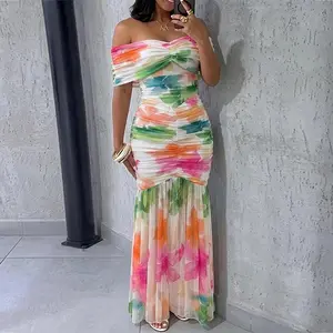 ChicMe Women's Foldover Off-Shoulder Floral Mermaid Dress Mesh Ruched Maxi Gown with Detachable Clear Straps