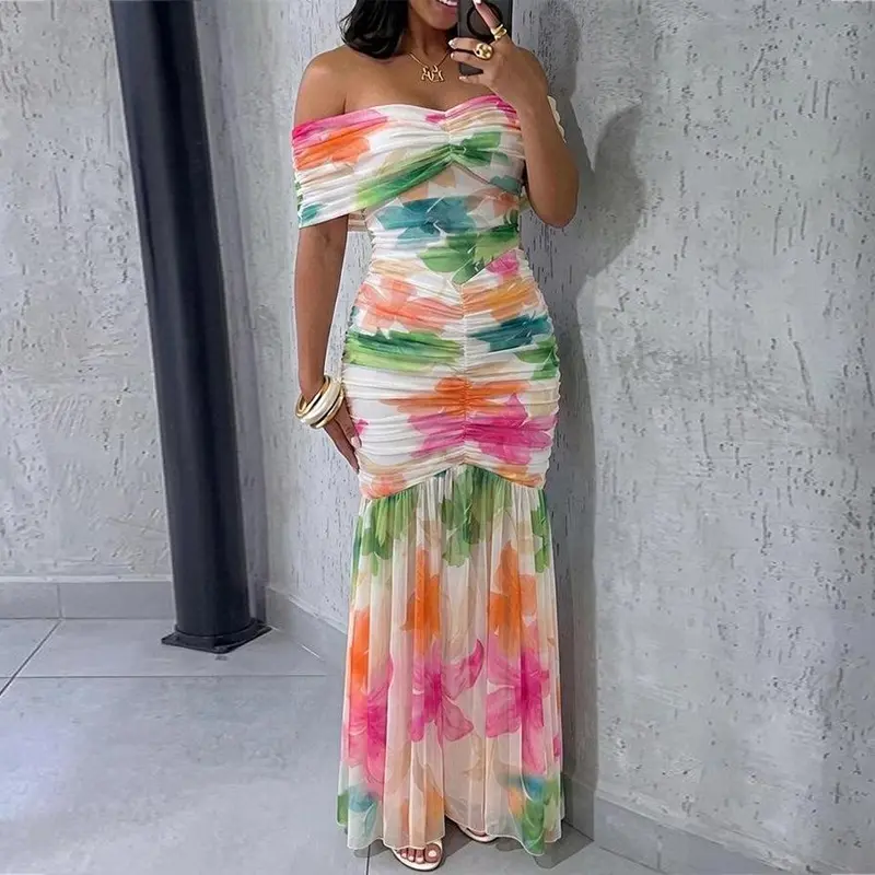 ChicMe Women's Foldover Off-Shoulder Floral Mermaid Dress Mesh Ruched Maxi Gown with Detachable Clear Straps