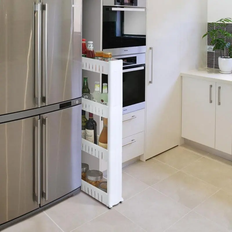 Yanosaku multifunctional refrigerator storage rack — single ultra‑thin gap organizer with wheels; kitchen refrigerator accessory; kitchen pantry organization rack