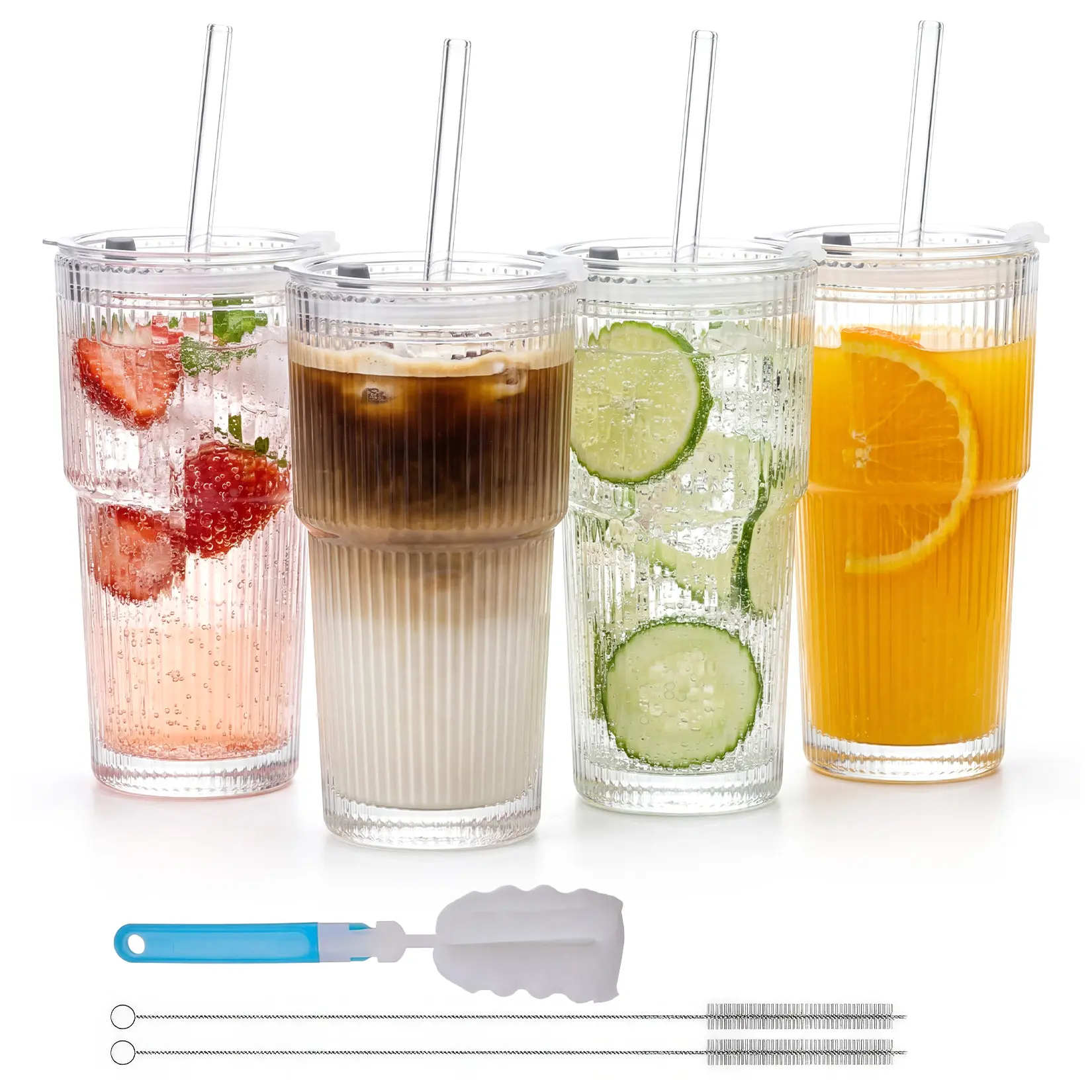 4-Pack Reusable Ribbed Glass Cups (20oz) with Lids & Straws, Dishwasher Safe Tumblers for Smoothies, Bubble Tea, and Cold Drinks