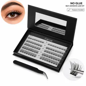 【Best Choice】Cofier No Glue Individual Lash Kit, Jelly-Coated Self Adhesive False Eyelashes with Tweezers, Easy Application, Beginner Friendly No Glue Lash Kit 80/90/100 Pcs