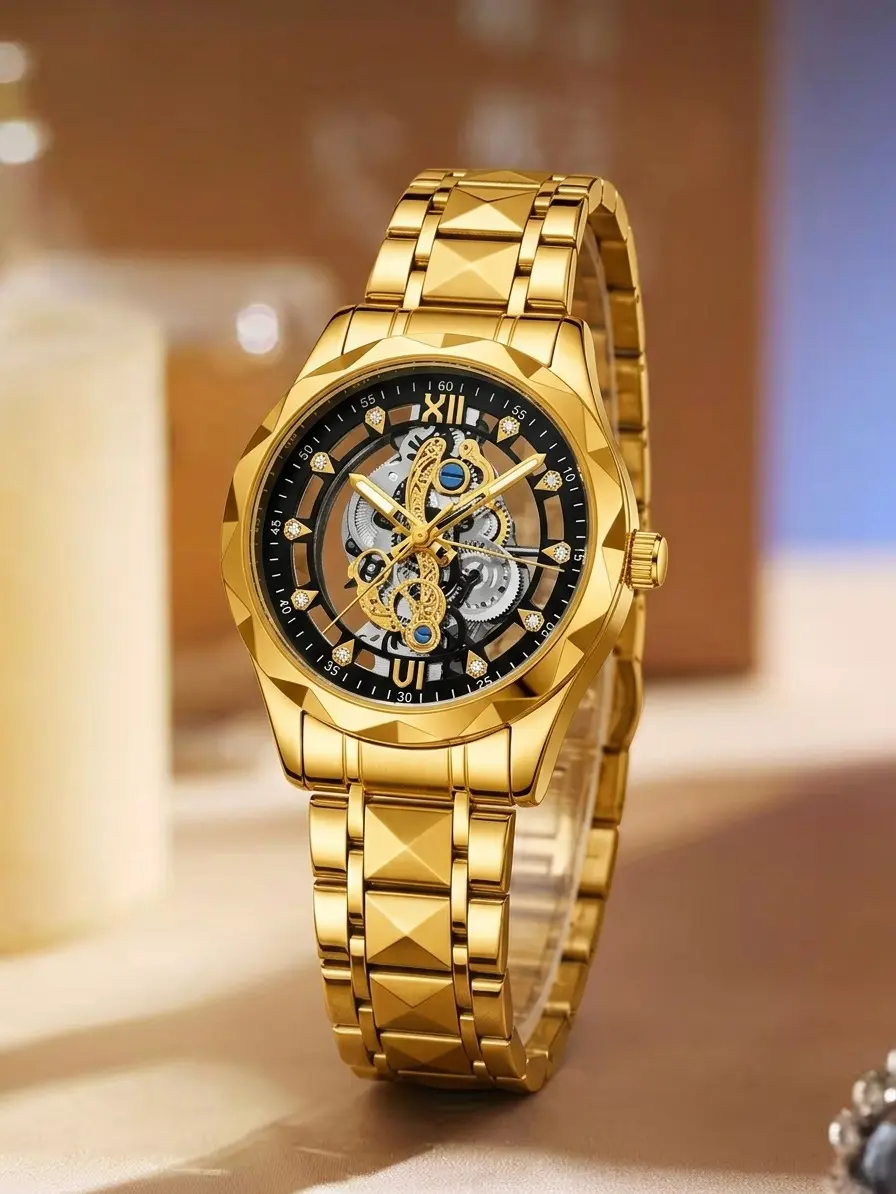 High-End Mechanical Skeleton Dial Quartz Watch for Men, Analog Display, Buckle Closure, Detailed Craftsmanship Fashion Accessory, Men's Accessories, Mens Gifts, Round Face, Luminescent Hands, Father's Day Gifts, Gifts For Him