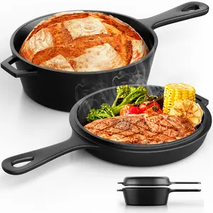 Cast Iron Skillet With Lid, 2-In-1 Multi Cooker, Deep Pot (3.2Qt)+ Frying Pan (1.4Qt), Dutch Oven, Oven Cookware, Works For Oven, Stove, Grill, Campfire，Ideal for Christmas