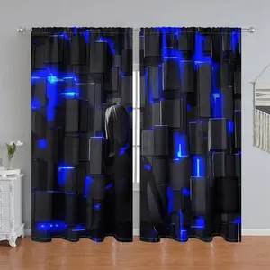 2Pcs Futuristic Blue Light Cube Printed Curtain Panel, Abstract Geometric Design, Pole Pocket Style, Semi-Sunshade, for Home Living Room, Bedroom, Balcony, Kitchen, Study, Shower Window Decoration, Accessory, Anti Privacy, Home Textile
