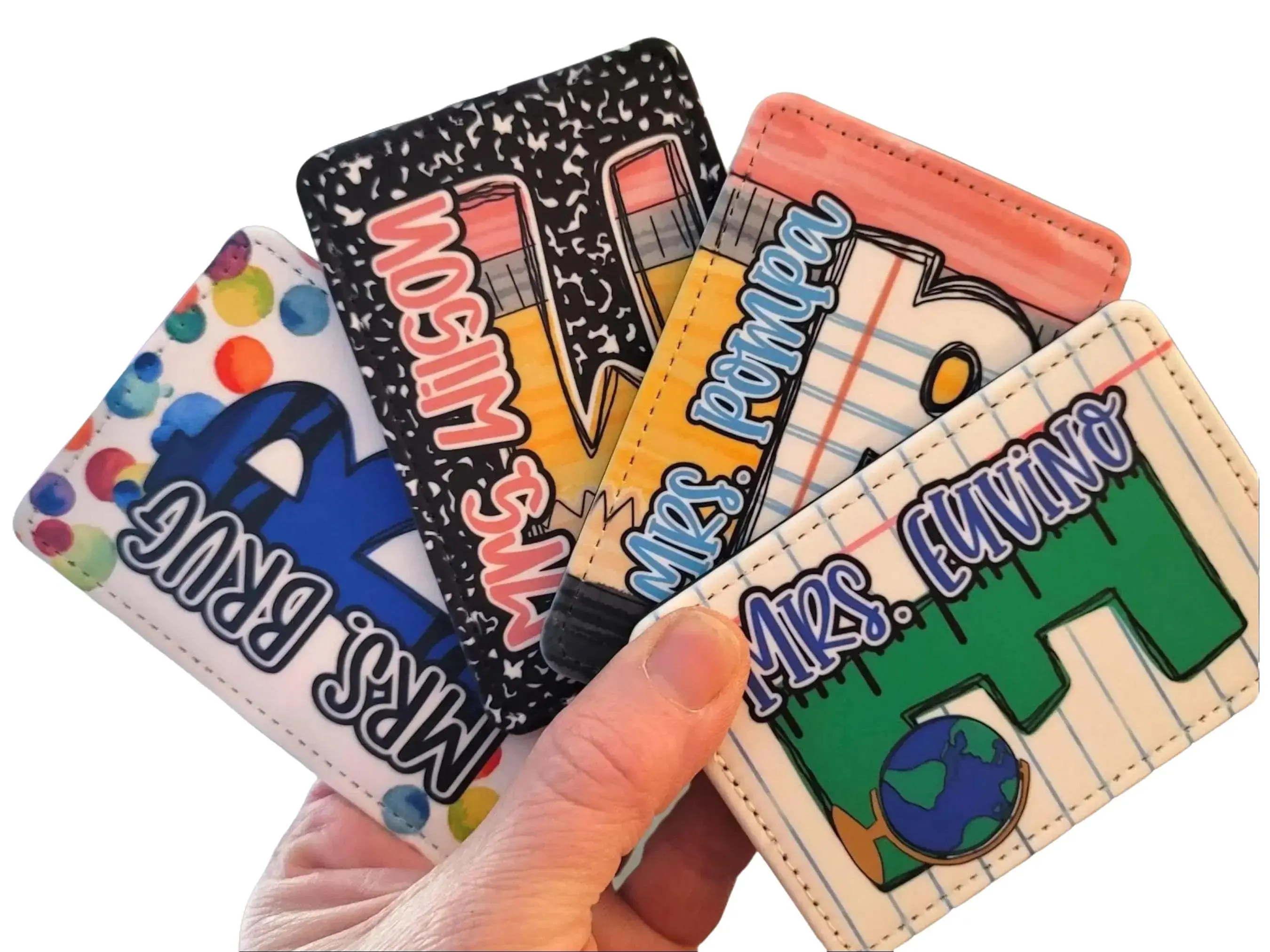 Vertical PU Leather ID Badge Holder - Durable Compact Card Case with Whimsical Pencil-Notebook Motif, Pastel Color, Visible Card-Fitting, Back to School Supply, Ideal for Teachers, Matching Lanyard Available (durability-focused)