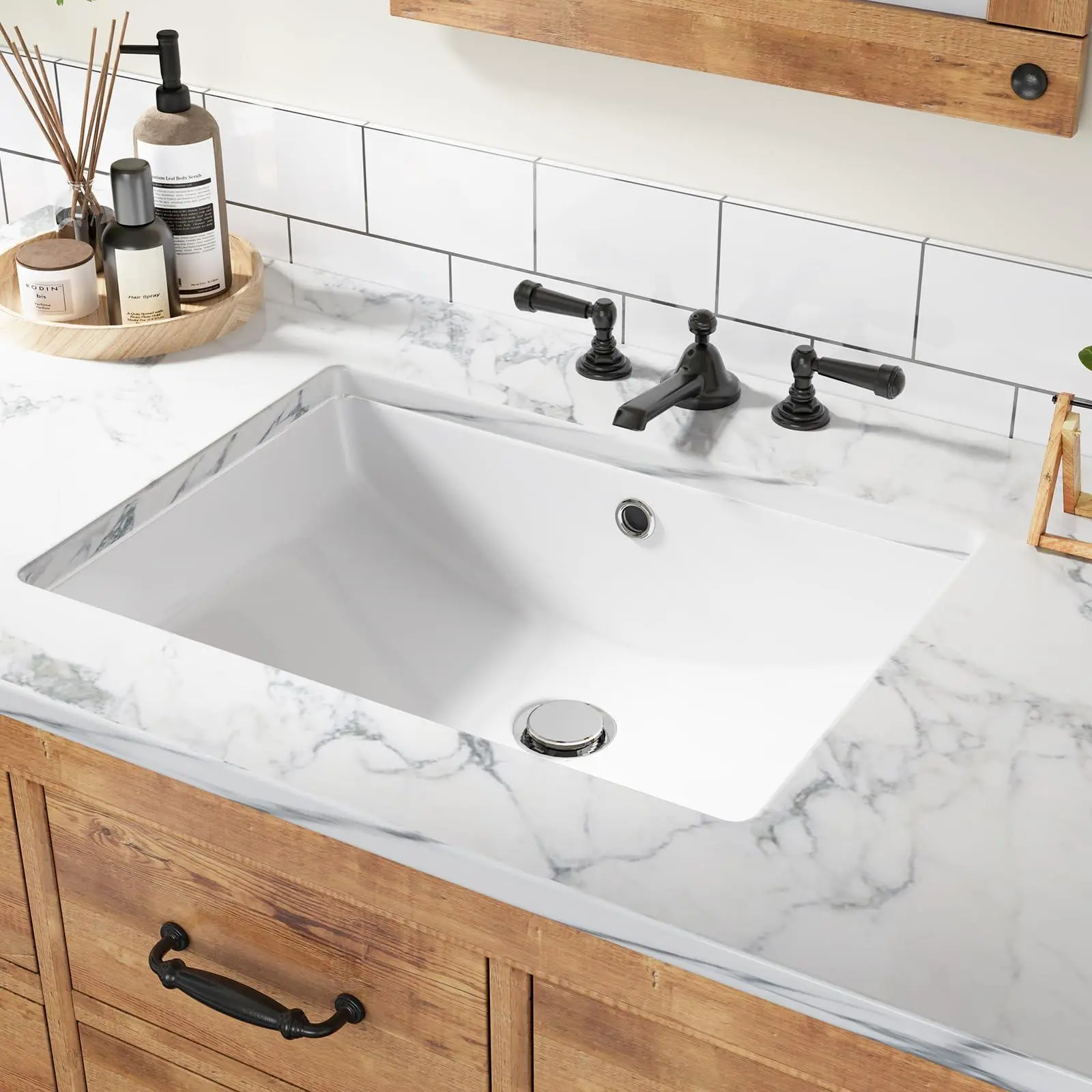 Vessel Sink Rectangular 22 x 16 Inch, White Fireclay Ceramic Undermount Bathroom Sink, Modern Bowl Lavatory Vanity Basin for Bathroom Vanity Cabinet