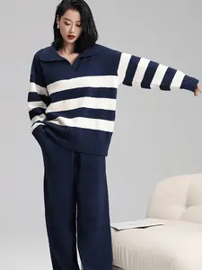 Women's Fall Winter Coral Fleece Striped Pajama Set, Long Sleeve Top and Pants, Loose-Fitting Casual Homewear, Outer Wear Sleepwear