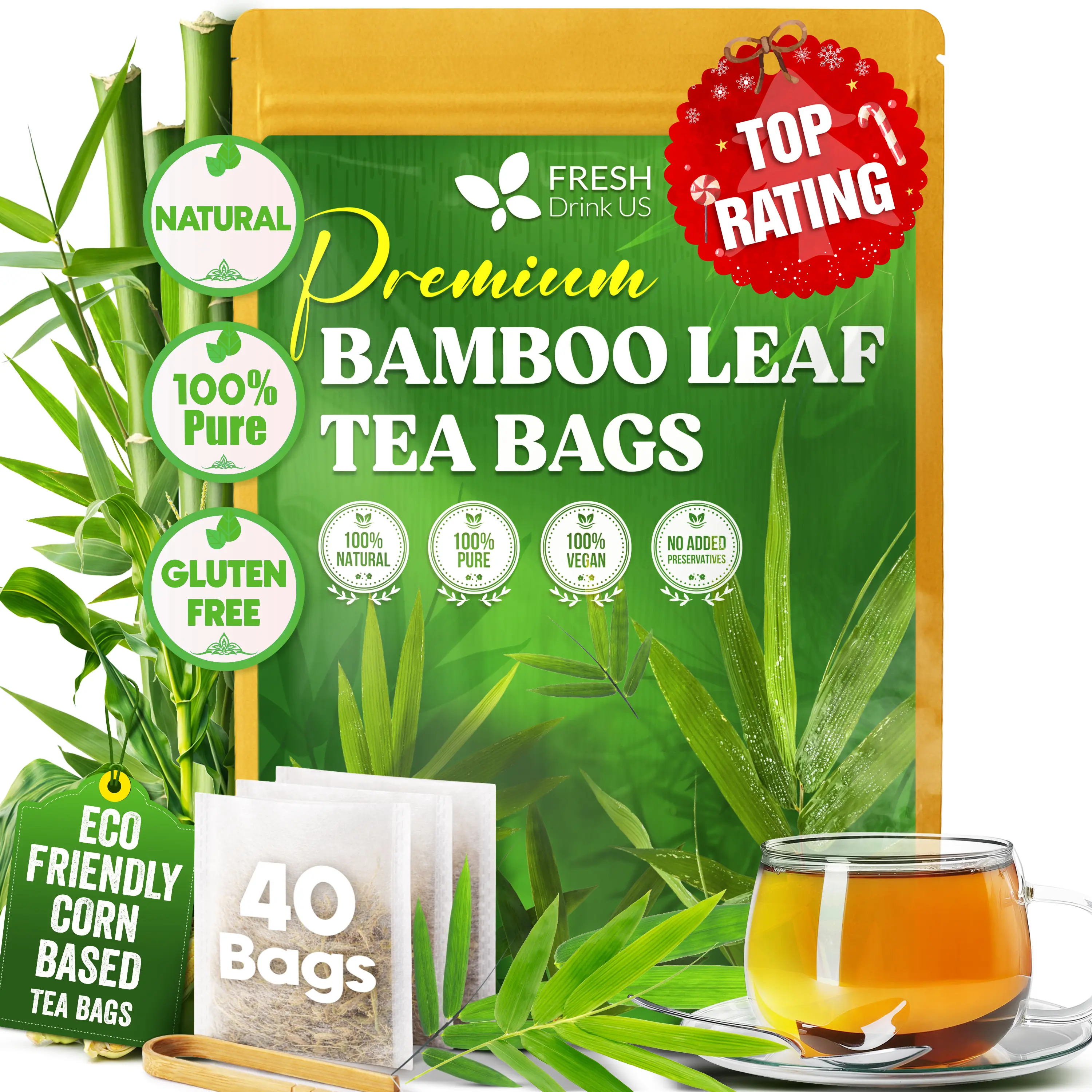 【FreshDrinkUS】 Premium Bamboo Leaf Tea Bags | 40 Count | Naturally Light & Refreshing Caffeine-Free Herbal Tea – From 100% Natural Bamboo Leaves. Sugar-Free. Vegan