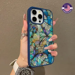 Premium Aesthetic Magnetic Smartphone Case for iPhone 16 Pro Max,15 Plus,14,13,12,11 - Church Glass Butterfly Pattern, Durable Grip, Shockproof, Anti-Scratch, Non-Yellowing, Transparent with Colorful Border - Protective Handheld Device Accessories, Cellph