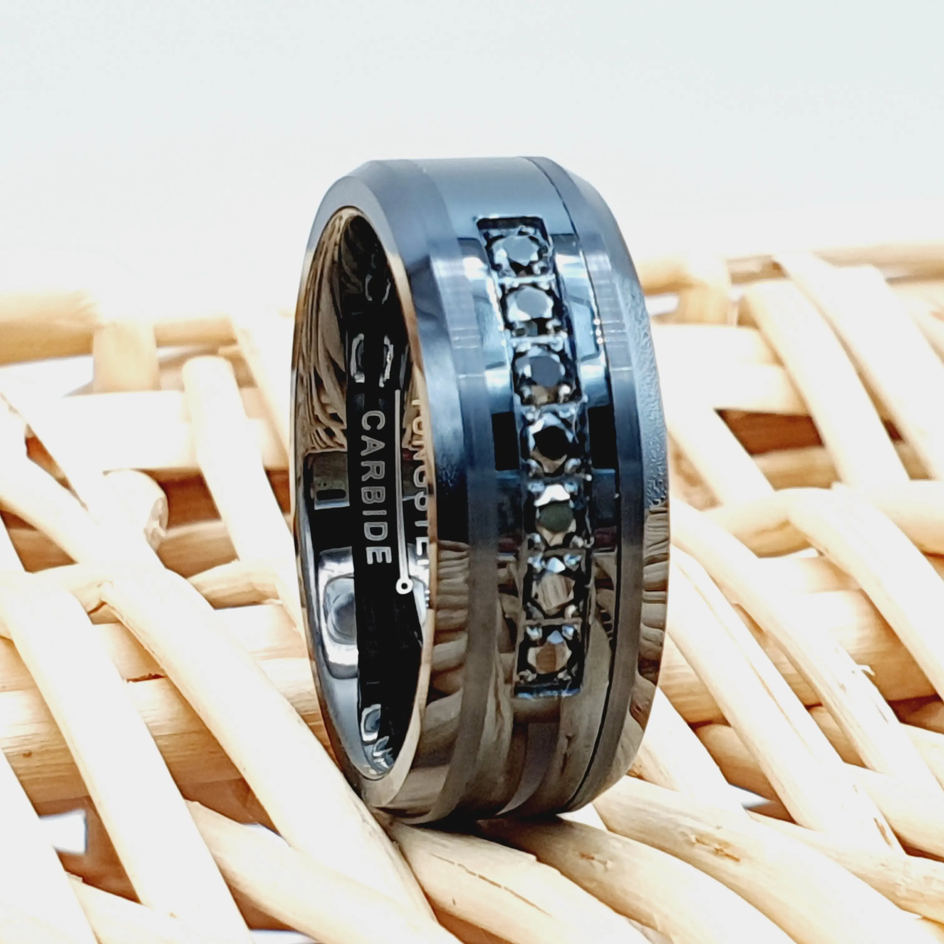 Man's Black Diamond Wedding Band Tungsten - Laser Engrave Gift - Wedding Ring for Him