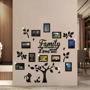 3D Acrylic Landscape Decorative Tree Wall Sticker Set - 120x120cm Self-Adhesive Tiles, Cartoon Design, Smooth Surface, DIY Family Photo Frame Collage, Home Decor for Living Room, Bedroom