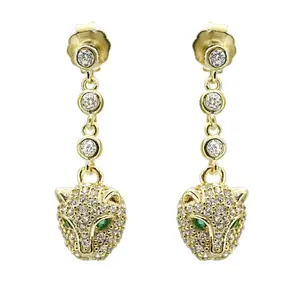 Women's Elegant Golden Panther Drop Earrings - Costume Jewelry with Diamond Accents, Emerald Eyes, Versatile for Daily Wear & Special Occasions