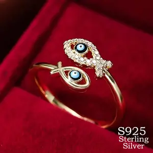 Evil Eye Adjustable Ring – 925 Sterling Silver Open Ring, Pisces Zodiac Enamel, Dainty Boho Stackable Jewelry for Women, Everyday Vacation Gift