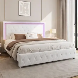 AMERLIFE Modern Bed Frame with RGB LED Lights, Adjustable Headboard Velvet Button Tufted/Acrylic Mirror Accents/Smart APP&Remote Control/No Box Spring Needed/Sophistication Design/Furniture Room/Full/Queen Size/Best Gift Ideas/Christmas Gifts