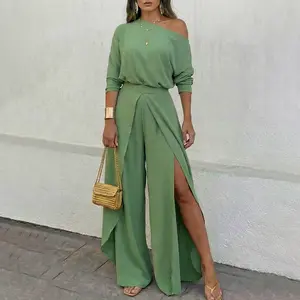 ChicMe Women's Set Sexy One Shoulder Overlap Top & Flowy Split Wide Leg Pants 2-Piece Wedding Guest Outfit