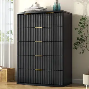 Tall Black 5 Drawers Dresser for Bedroom, 39.1" Fluted Storage Drawers with Metal Handle,Curved Profile Design & Anti-Tipping, Wooden Closet Drawer Organizer