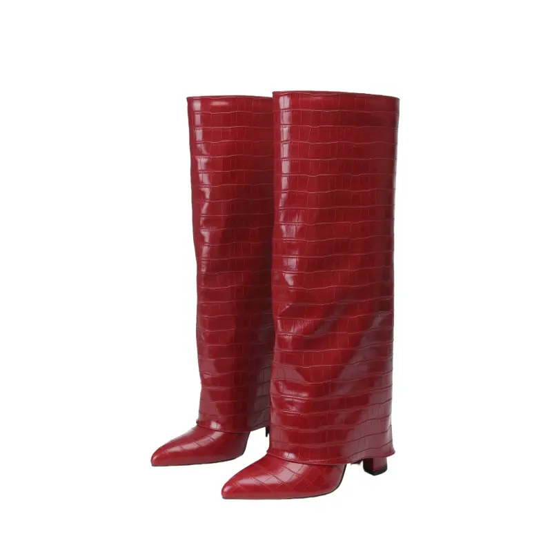 Women's Burgundy Stone Texture Pointy-Toe Wide-Leg Chunky-Heel Tall Boots, Trendy Women's Footwear, Pointed Toe