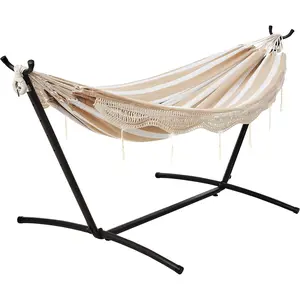Basic Double Hammock with 9-Foot Space-Saving Steel Frame and Carrying Bag, Supports Up to 450 Pounds, Beige Striped with Lace, Dimensions 110 x 47 x 43inch