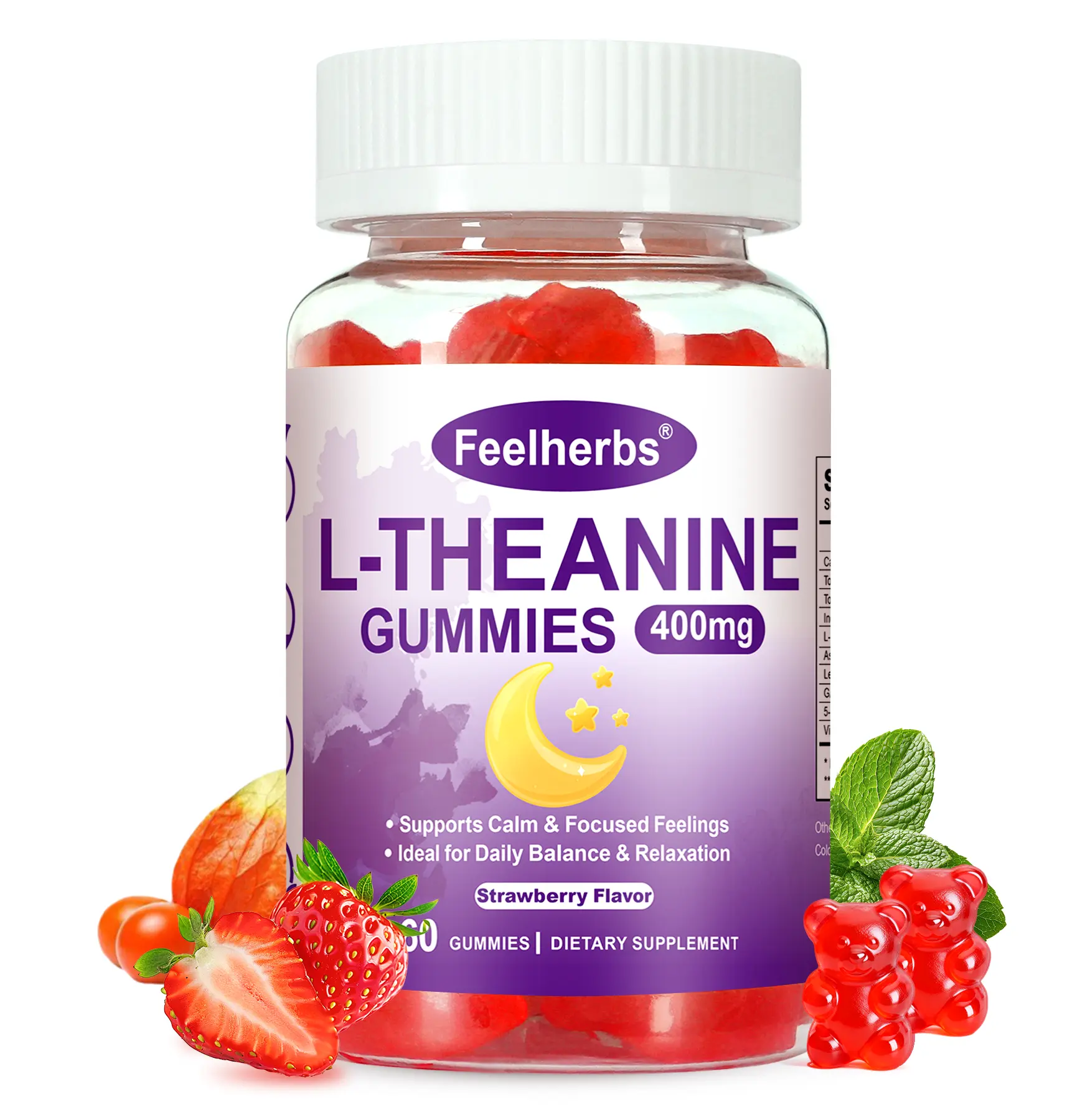 Women's Organic Blend Ashwagandha L-Theanine Vitamin Dietary Supplement Gummies (400mg) - Strawberry Flavor, Lemon Balm Extract, GABA, 5HTP, Low Sugar Chewable, 60 Pieces, Natural Supplement for Adults & Children, Mind Relaxation Support
