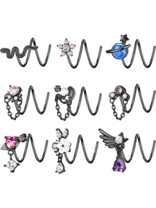 Cool 9 Pcs Black Colorful Dangle Double Nose Rings Hoops Single Piercing Stainless Steel Dangling Nose Hoops for Women Men Rhinestone Nose Ring Spiral Snake Flower Moon Twist Nose Ring Hoops Double Hoop Earrings