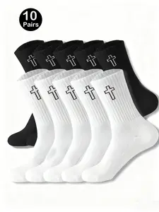 10 Pairs Men's Cross Pattern Socks, Christian Jesus Catholic Faith Socks, Ideal Gift for Husband, Wife, Family, Birthday, Christmas, Easter