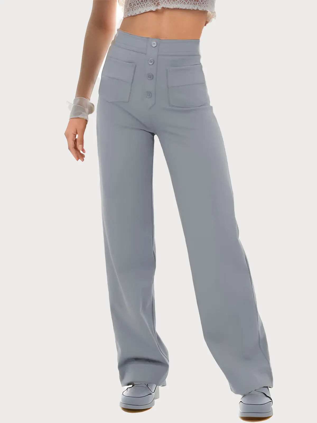 Women's High Waisted Straight Leg Pants Stretchy Business Casual Pants Button Down Work Trousers with Pockets