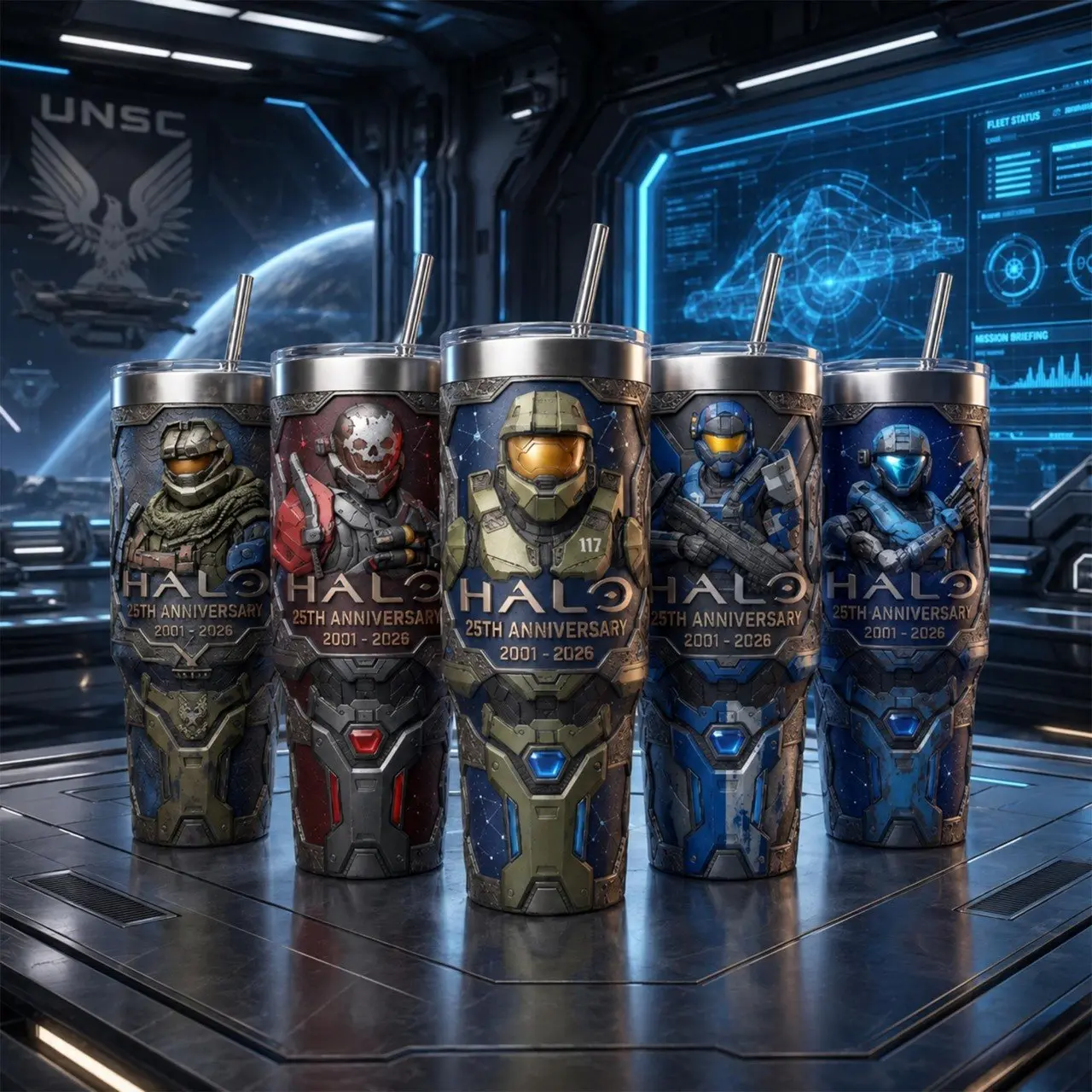 Halo 25th Anniversary 2001–2026 40oz Tumbler with Straw, Master Chief Spartan Gaming Insulated Stainless Steel Travel Mug, Sci-Fi Gamer Gift, Collector Drinkware