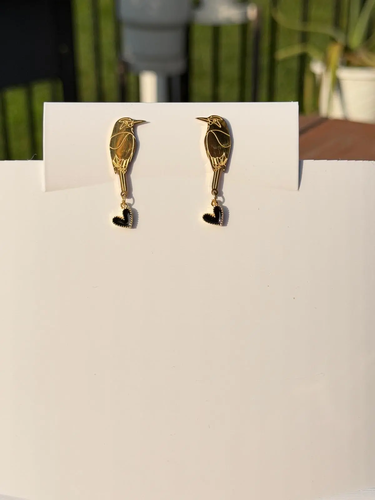 Lightweight Unisex Guardabarranco Bird Motif Earrings, Nicaraguan Gold Dangle Earrings with Heart Charm