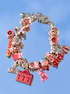 Y2K Style Multi-Charm Bracelet, Lucky Number 777 Gaming Tag, Cherry Slogan Tag, Cute Bear Cake Cross Beads, Leopard Rose DIY Bracelet, Xoxo Style Bracelet, Charms Bracelet