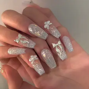 24pcs Ballet Nail Art Set, Silver Color Glitter Base with 3D Bow & Pearl Decor, Reusable Comfortable, Perfect for Weddings Parties Daily Use