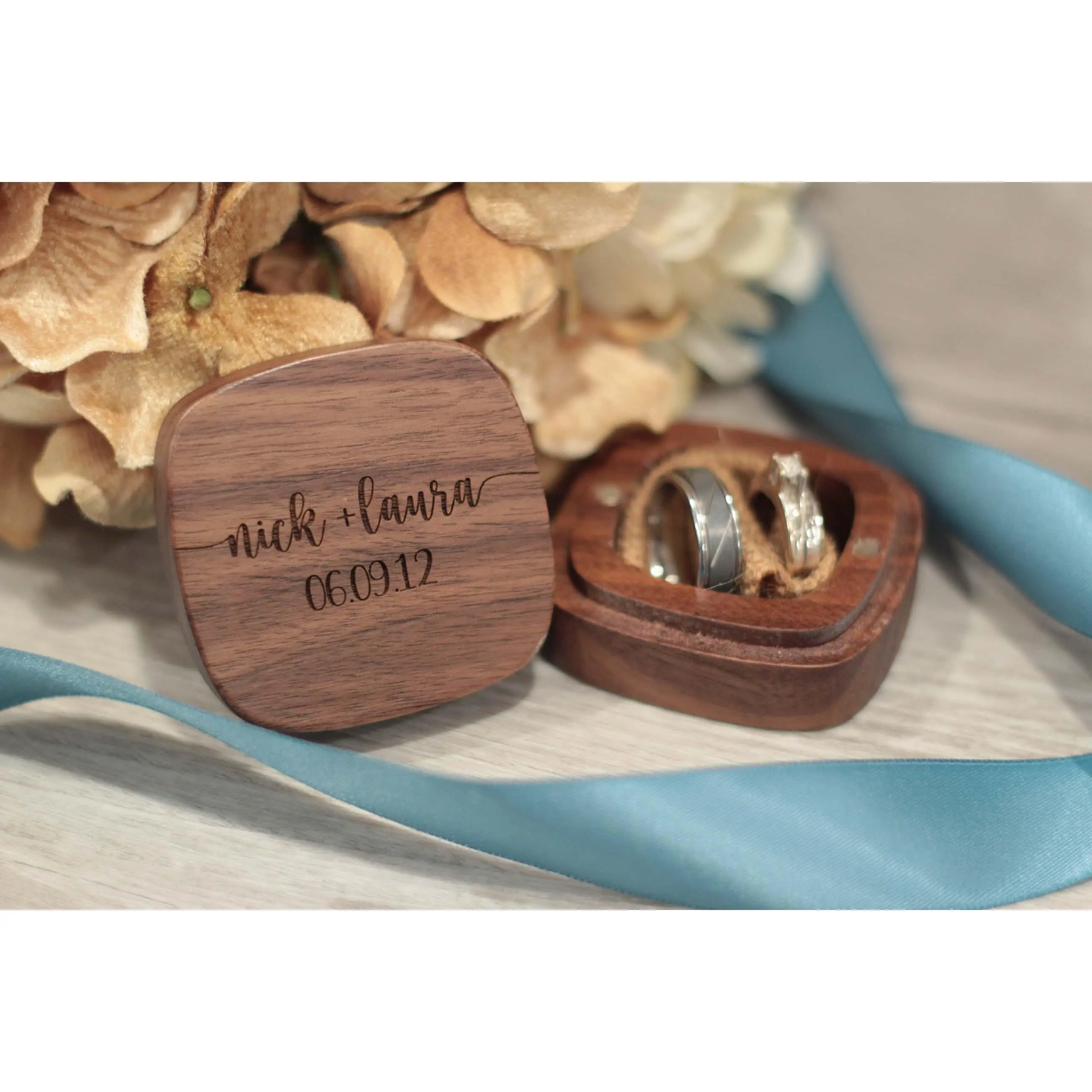 Wooden Ring Box - Names and Date Design 1 Wedding Organiser Engraved Quad Insert Magnetic