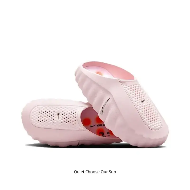 Slide mules with cloud cushion massage insoles are a sweet game-changer, crafted with flexible molded EVA in soft blush pink with orange foot studs, breathable perforated mesh & wavy anti-slip sole for all-day gentle casual wear