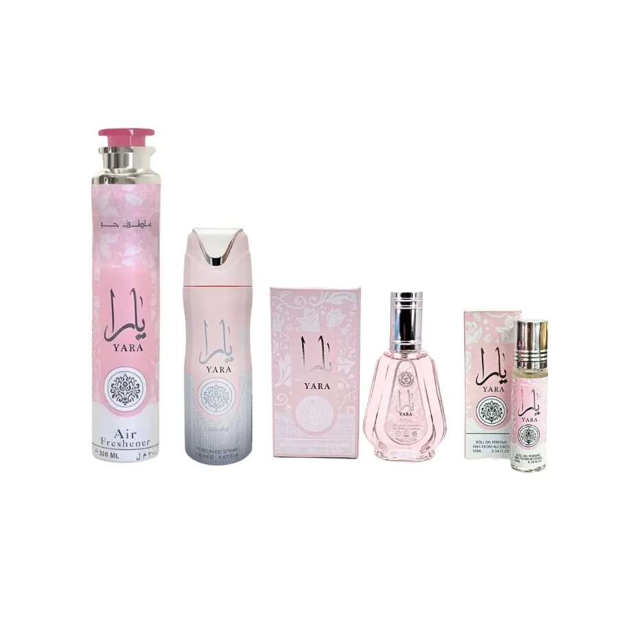 Lattafa Yara Women's Fragrance Multi-Pack Bundle Set - Fruity Sweet Floral EDP (1.7fl.oz, 3-3.9fl.oz Range), 10ml Easy Apply Roll On, 300ml Air-Freshener, 200ml Deodorant, Sweet Vanilla, Tropical Fruit Blend (Sample Set Inclusions), Fragrance Blend, Flora