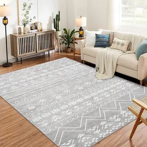 【GARVEE】Super Soft Moroccan Area Rug 8x10, Machine Washable, Large Boho Ultra-Thin Indoor Floor Carpet, Anti-Slip Foldable Geometric Design for Living Room, Bedroom, Dining Room, Office in Grey White
