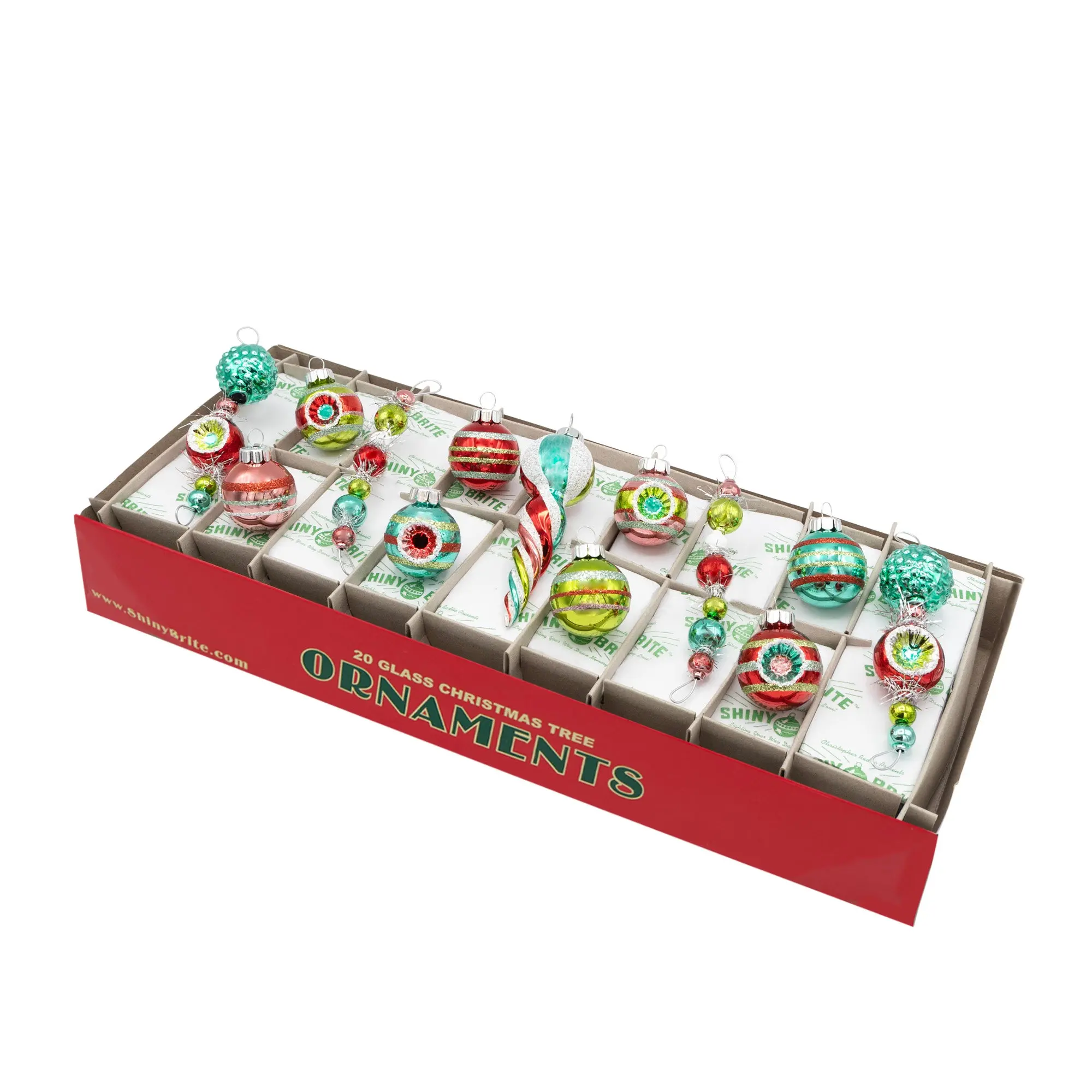 FESTIVE FETE Shiny Glass Ornament Set, 13-Count Festive Decor Including 4” Icicles and 1.25” Rounds