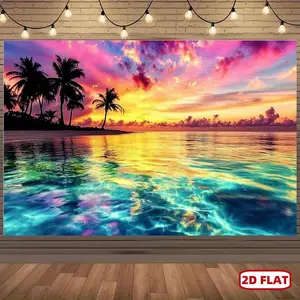 1pc 2D Flat Tropical Beach Sunset Tapestry - Vibrant Palm Tree & Ocean Scene, Polyester Wall Hanging for Parties, Weddings, and Home Decor, No Electricity Needed, Multiple Available, Party Backdrop | Serene