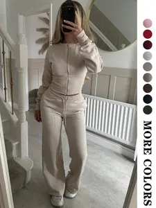 Two-piece women's spring/autumn new style thin fleece fashionable casual outfit - solid color zipper long sleeves pullover with straight-leg pants set, suitable for both home and outdoor use, Clothes Womenswear