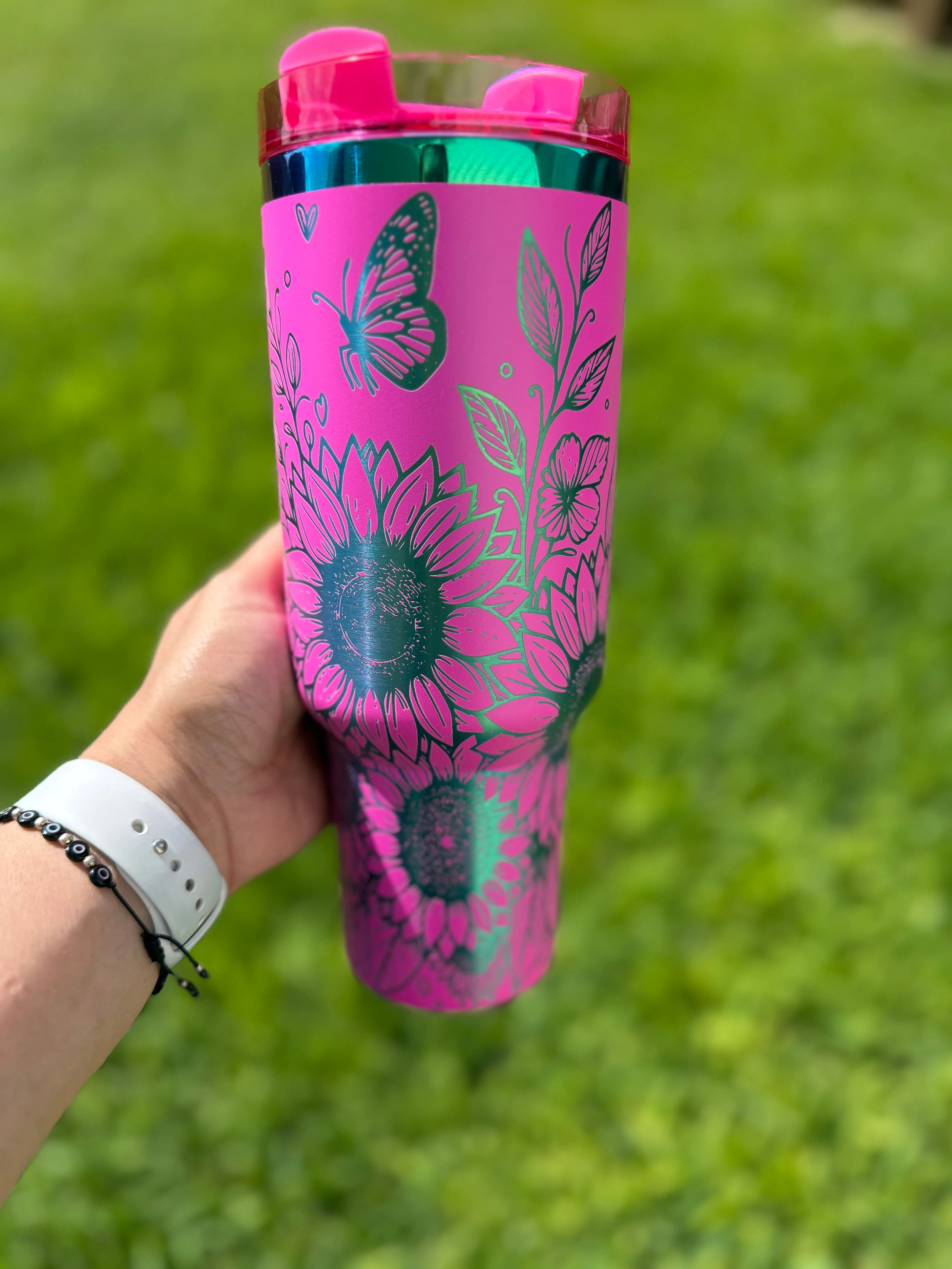 40oz Insulated Stainless Steel Tumbler - Custom Sunflower & Butterfly Portable Quencher, Rainbow Plated Insulated Cup, Kitchenware Drinkware Bottles for 0-40 oz Needs