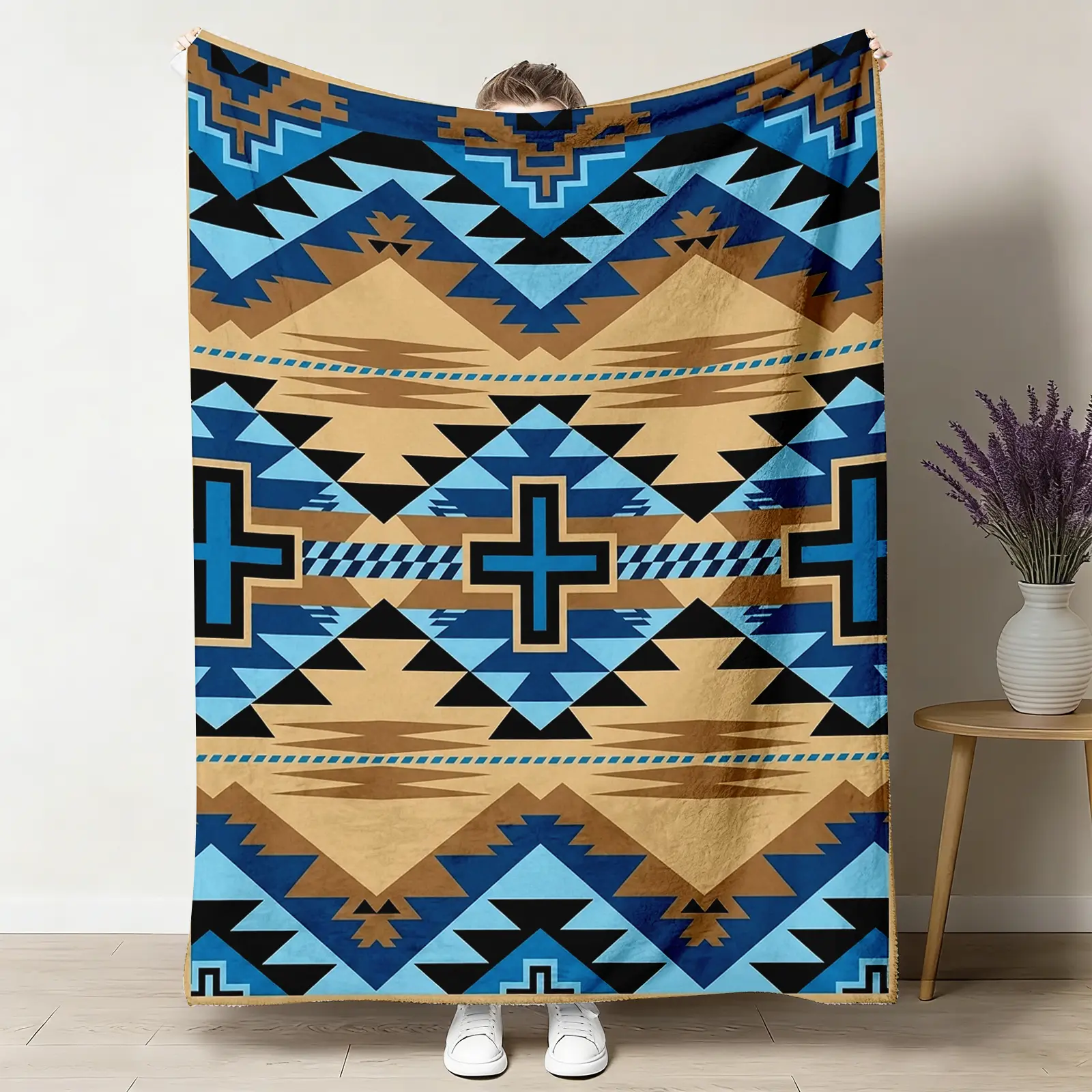 Navajo Geometric Ethnic Heritage Flannel Throw Blanket - Blue-Rustic Brown Western-Inspired Design, Soft Cozy Warm, Southwestern Diamond Zig-Zag, Boho Gift for Him/Her, Camping Bedroom Decor, Ethnic Throws, Heritage Flannel Throws holiday