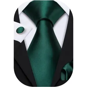 Plain Men Silk Ties Extra Long Stain Necktie for Wedding Business Handkerchief Cufflinks Set Solid Colors