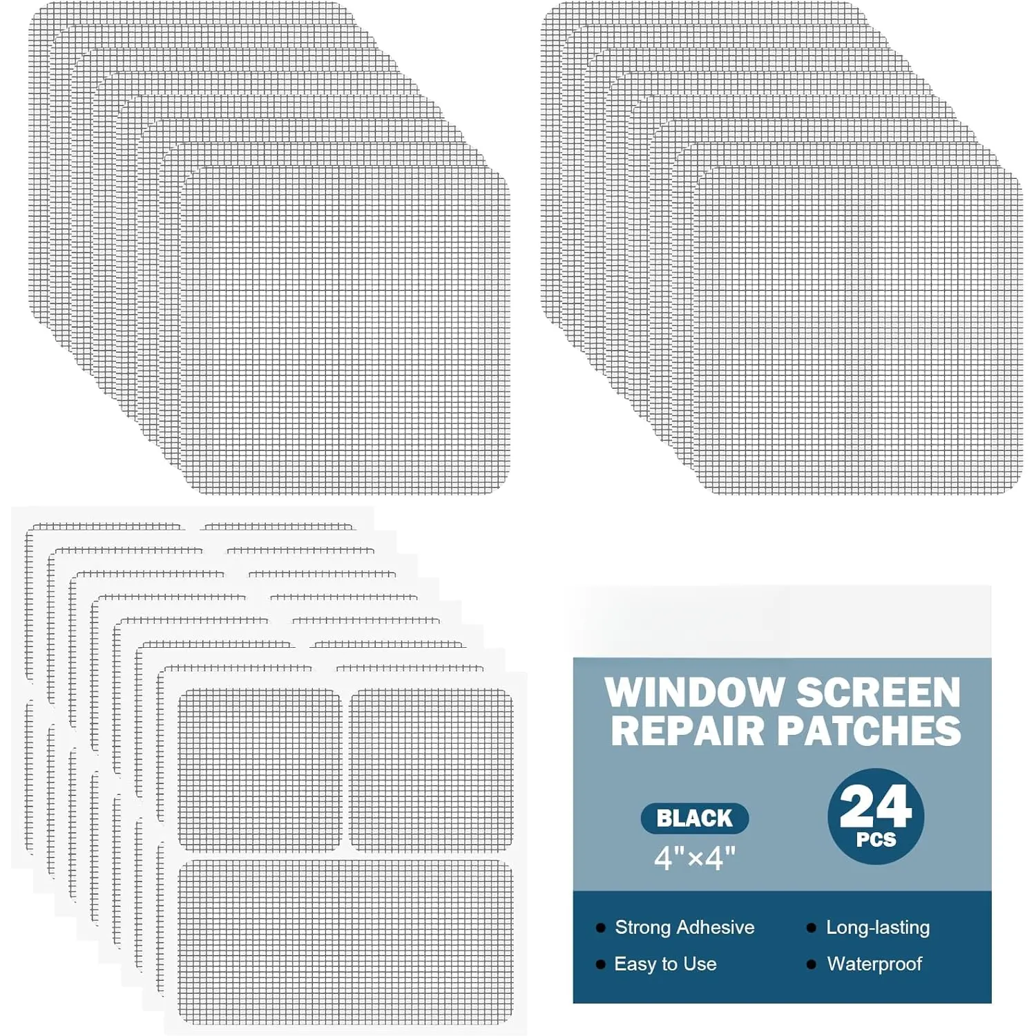 24 Sheets Window Screen Patches Repair Kit, 4 Sizes Window Screen Repair Tape,  Adhesive, Fiberglass Quick-Access (Black)