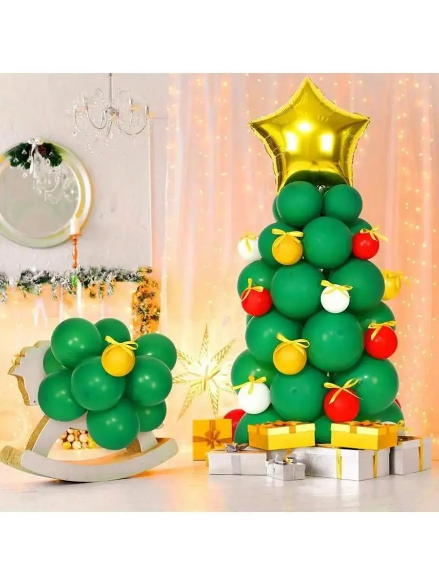 Christmas Tree Latex Balloon Birthday Christmas Party Indoor Outdoor Scene Layout with Green Balloons and Gold Star Topper