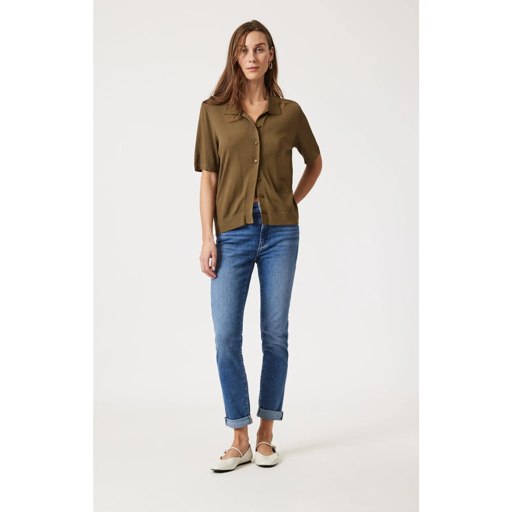 Women's Kathleen Mid-Rise Tapered Leg Brushed Feather Blue Cotton Expandable 4-Way Stretch Plain Denim Jeans - Slim Boyfriend Fit, Cropped Rolled Cuff, Elastane Casual Bottoms