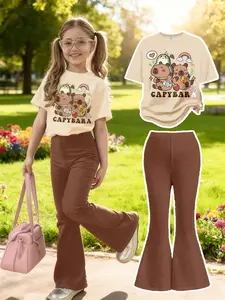 2-Piece Girls' Spring & Summer Casual Minimalist Outfit: Pink Crew Neck Cute Capybara Print Short-Sleeve T-Shirt + Slightly Stretchy Elasticated-Waist Flared Pants. Breathable & quick-drying summer apparel for girls.