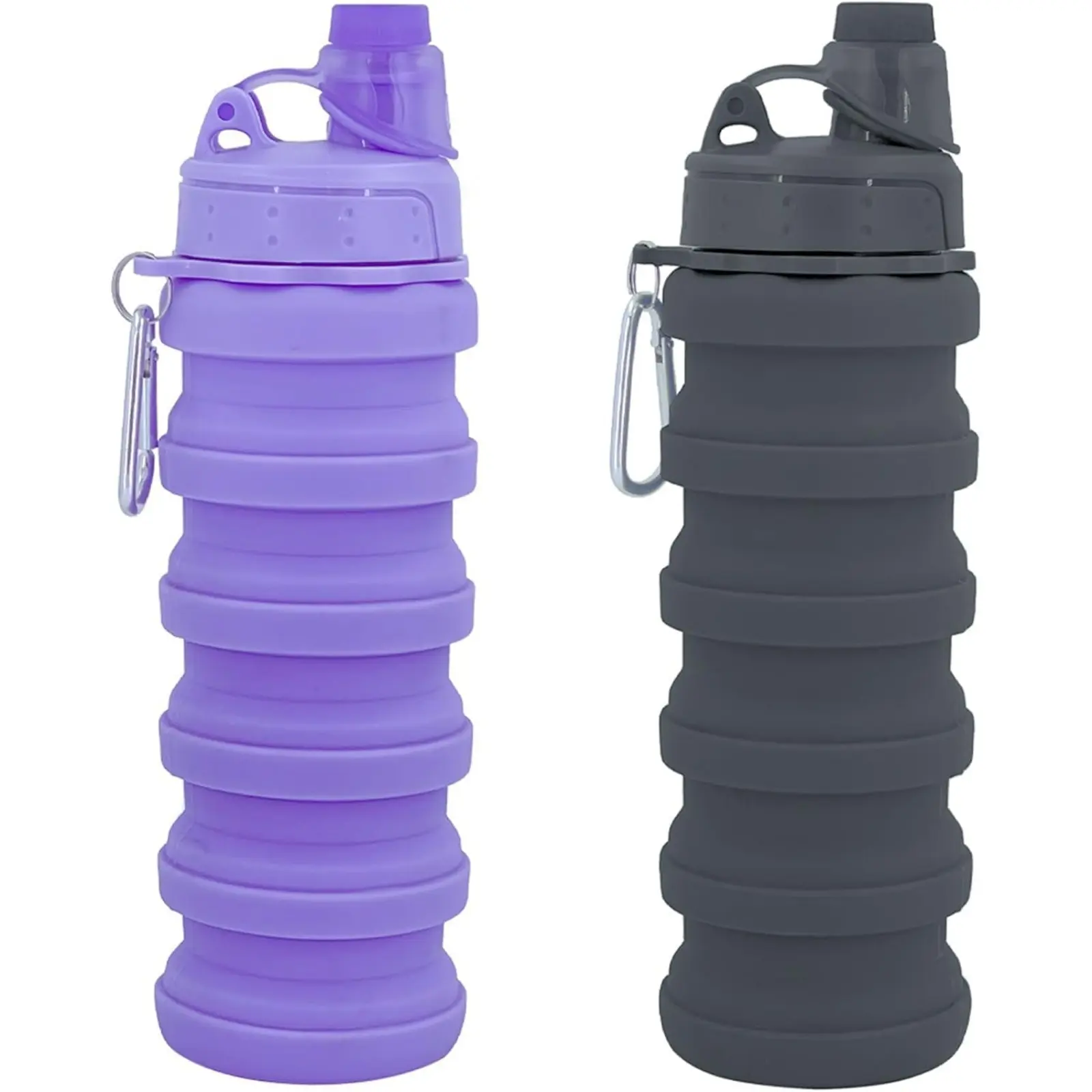 2 Pack Foldable Cup, Collapsible Water Bottle, 500ml Collapsible Sport Water Bottle Reusable Travel Water Bottles For Outdoor Hiking Biking Running Gym (Gray+Purple) Hydration