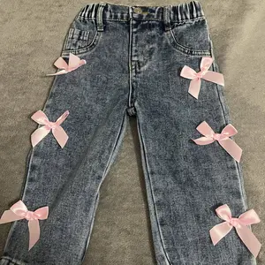 Cute Bowknot Jeans for Baby Girls, Light-Wash Wide-Leg Denim with Elastic Waist, Casual Fashion, Perfect for Daily Wear